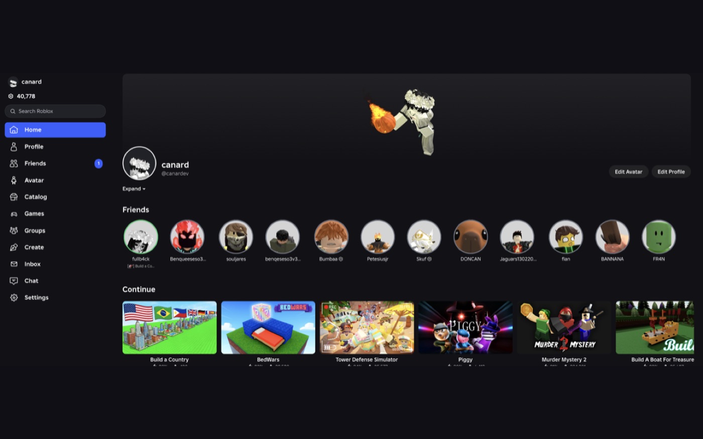 The Roblox home page with the extension turned on